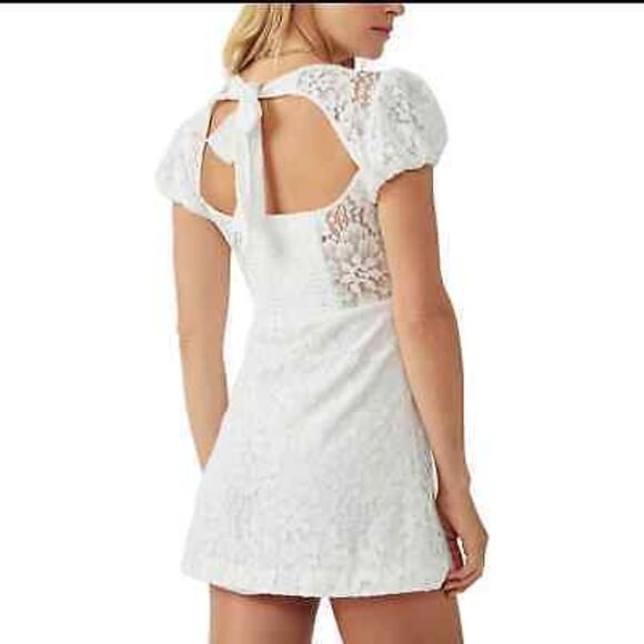 Free People Dress White Lace Mini Short Sleeve Puff Sleeve Open Back Tie Back S - Picture 14 of 14